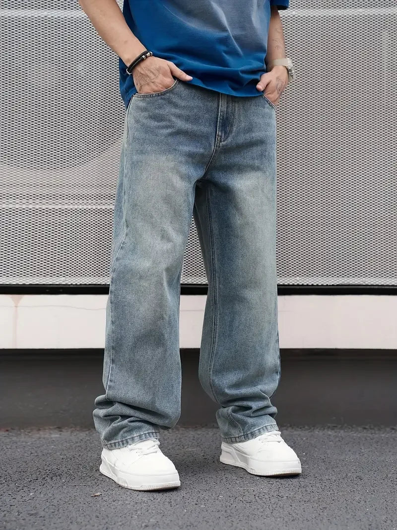 Men Casual Straight Jeans Loose Fit With Oblique Pocket