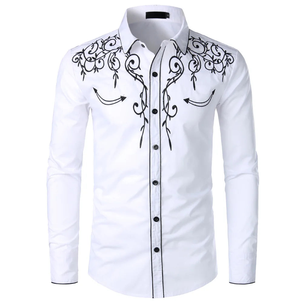 Men's Western Style Embroidered Long Sleeve Shirt For Casual Wear