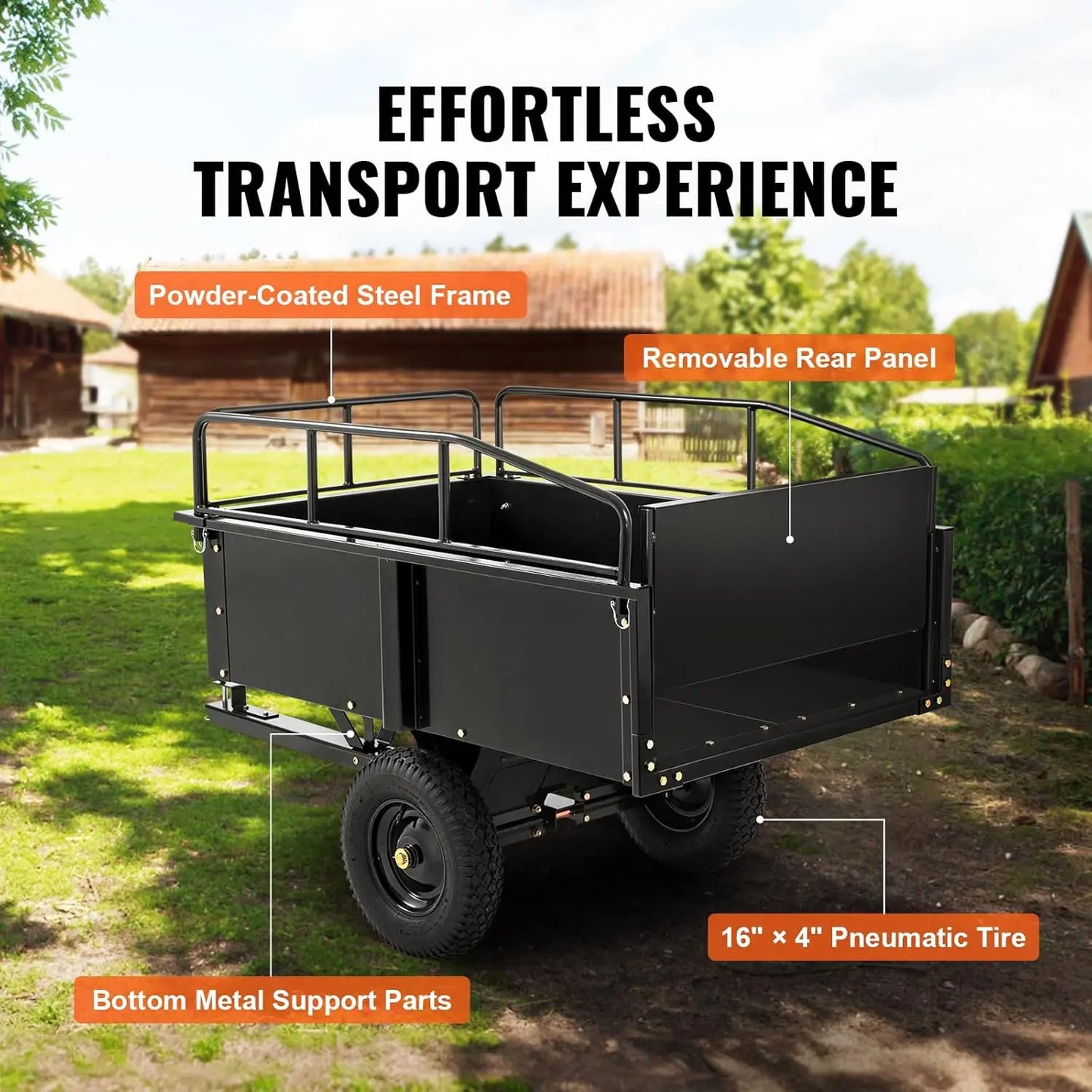 HeavyDutyATVDumpCart Capacity750Lb FifteenCuFt UtilityTrailer ForLawnMower TractorYardWork HaulReliable AllTerrain