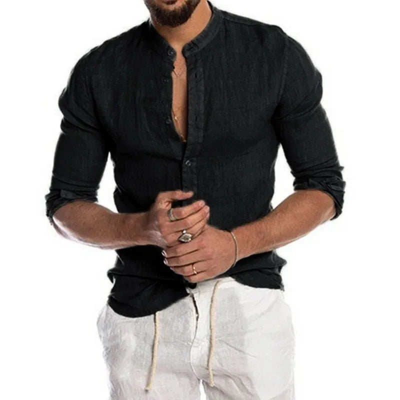 Men's Casual Long Sleeve Cotton Stand Collar Shirt