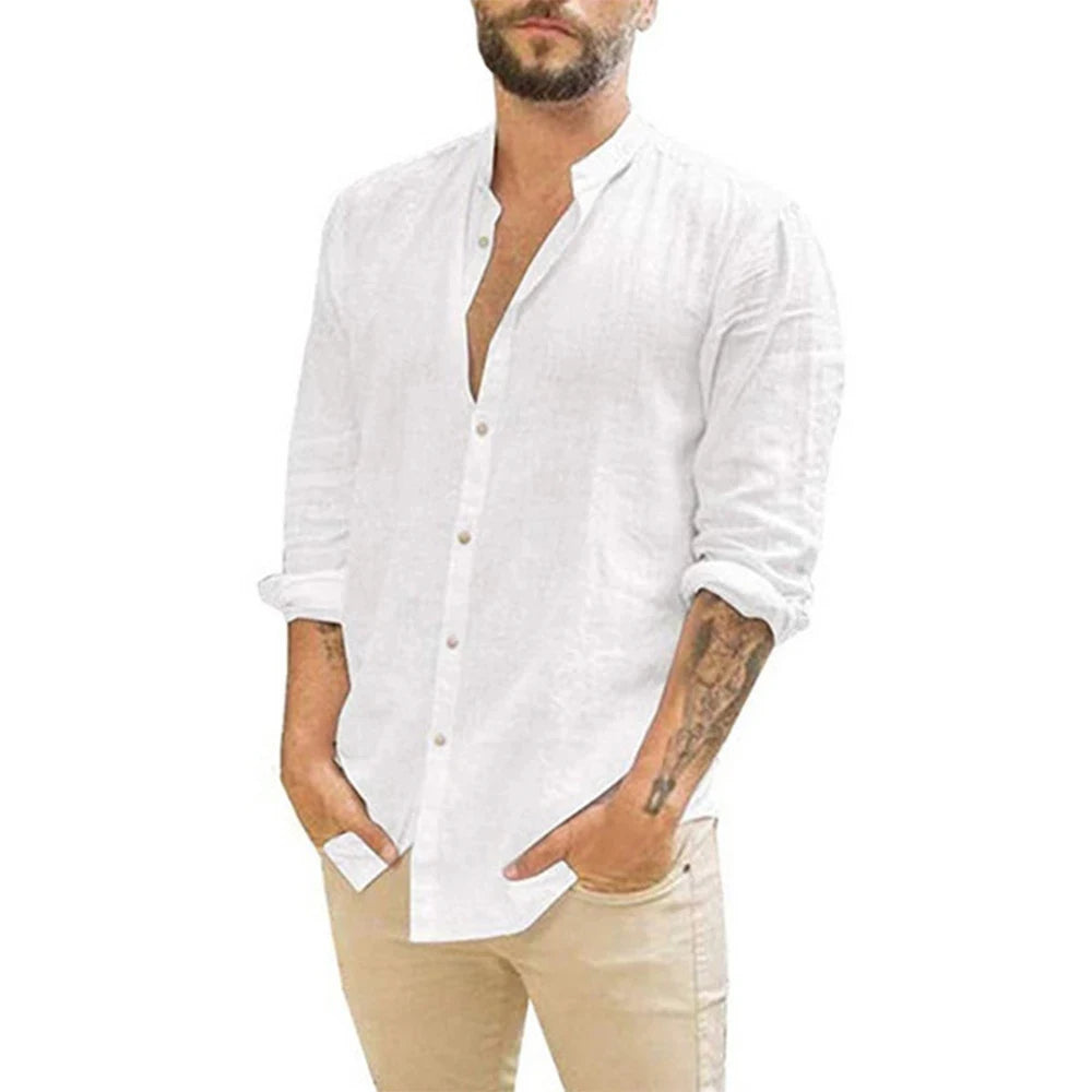 King Billion Cotton Linen Men's Long Sleeve Shirt Stand Collar