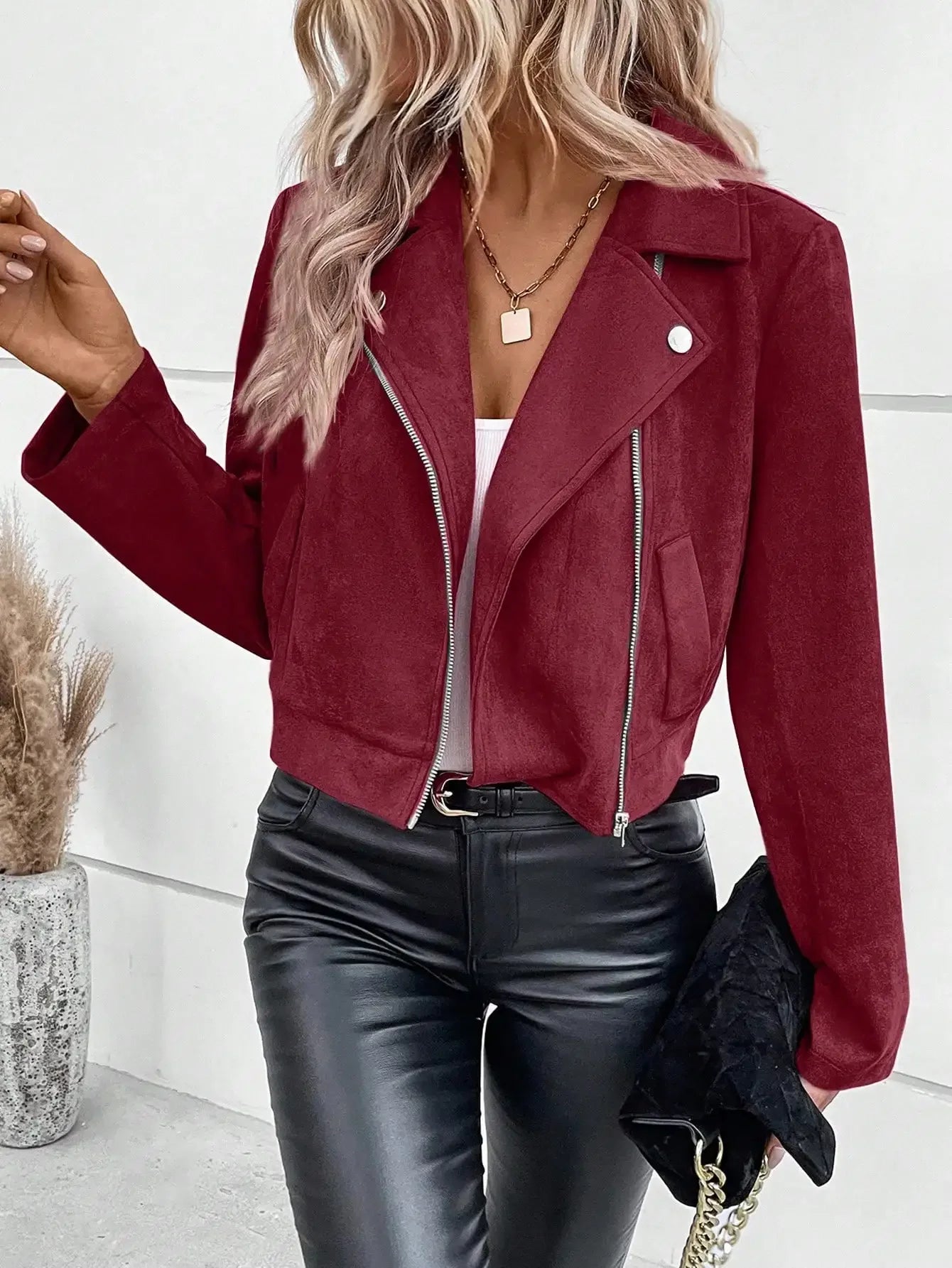 Mzccgoing Faux Suede Women Jacket Zipper Lapel Biker Jacket
