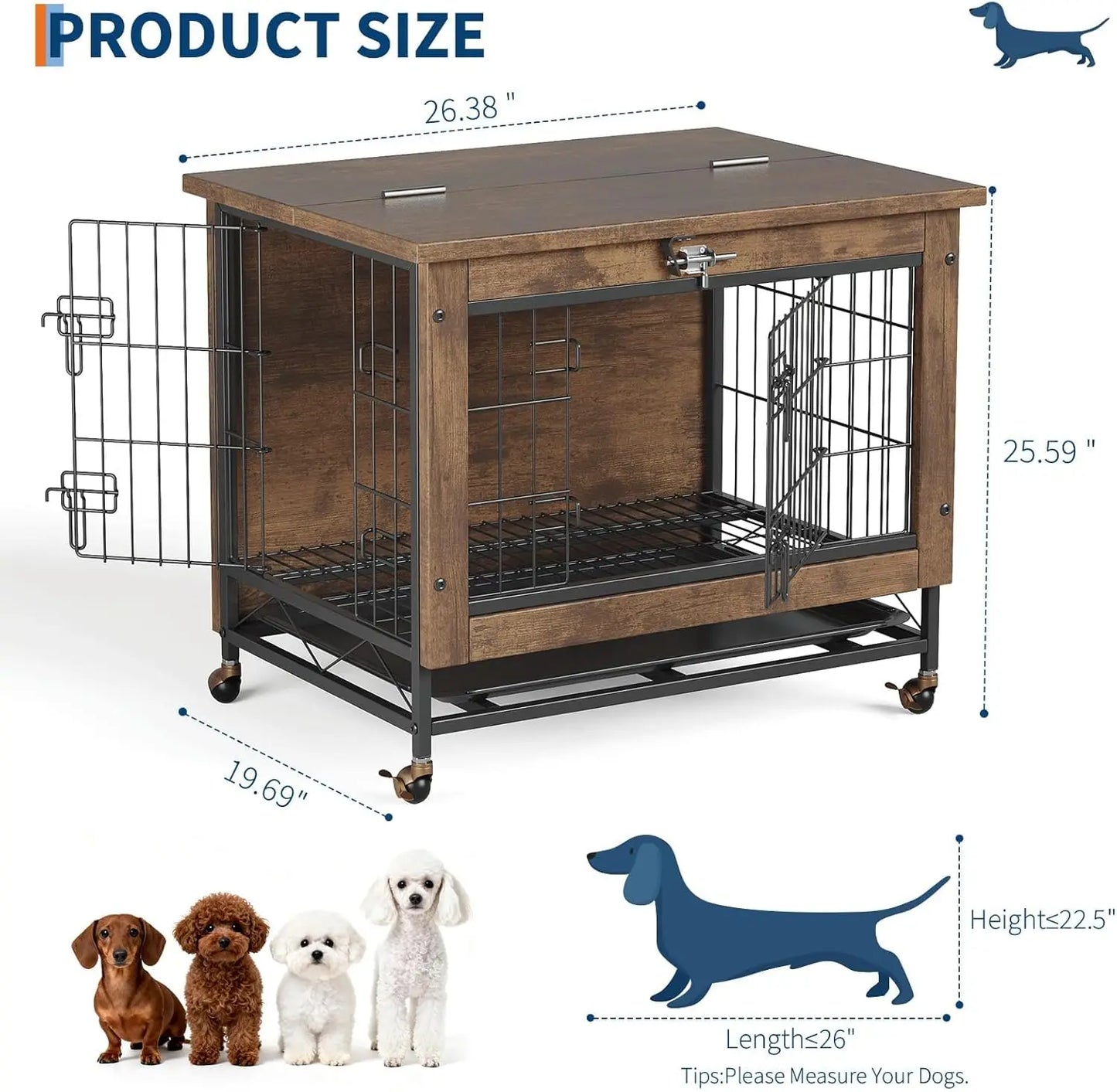 HiMISS Modern Wood Metal Dog Crate Furniture With Wheels