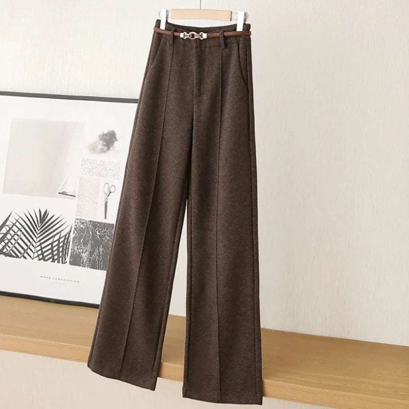 Women Woolen Straight Leg Pants Autumn Winter Warm Comfortable Polyester