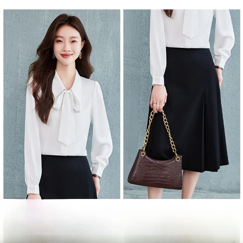Others Blue Bow Tie Shirt Skirt Set For Professional Commuter And Interview