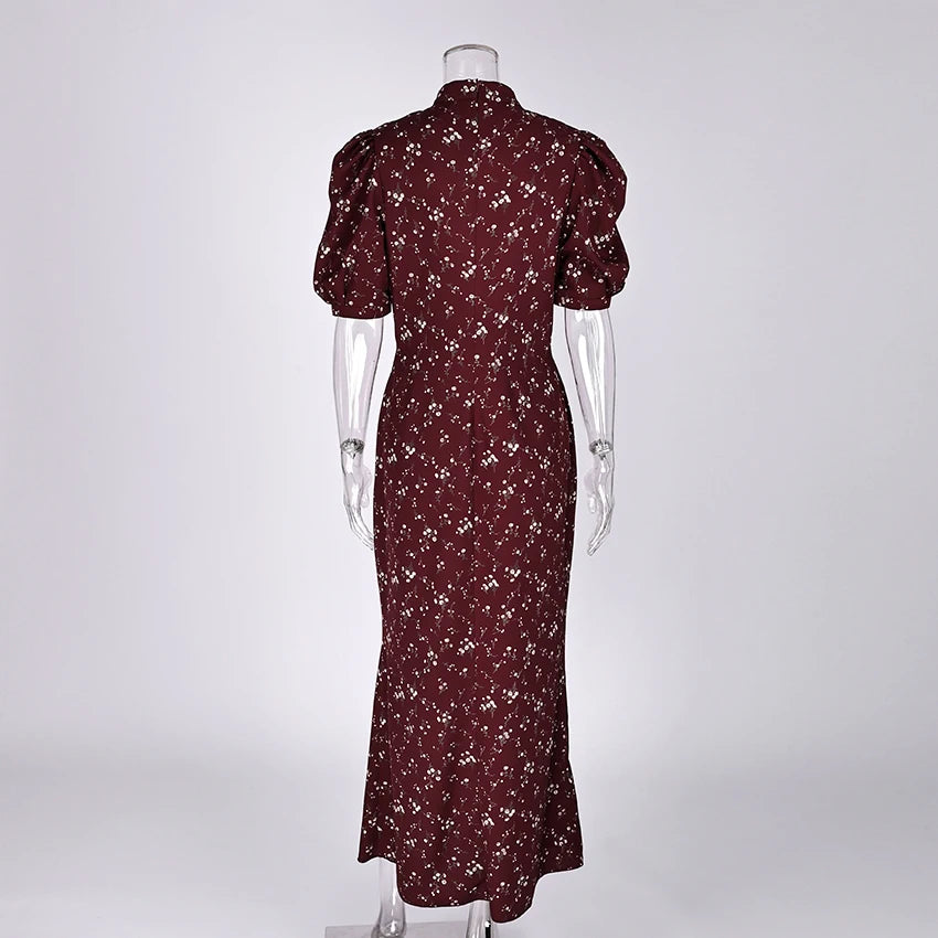 Linad Spring Elegant Print Long Dress For Women Chiffon Puff Sleeve