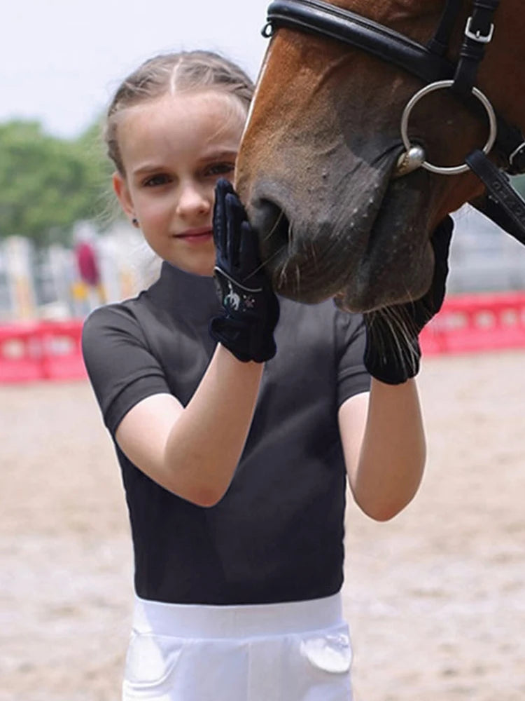 NONECN Equestrian Women Zip Front Horse Riding Top Short Sleeve