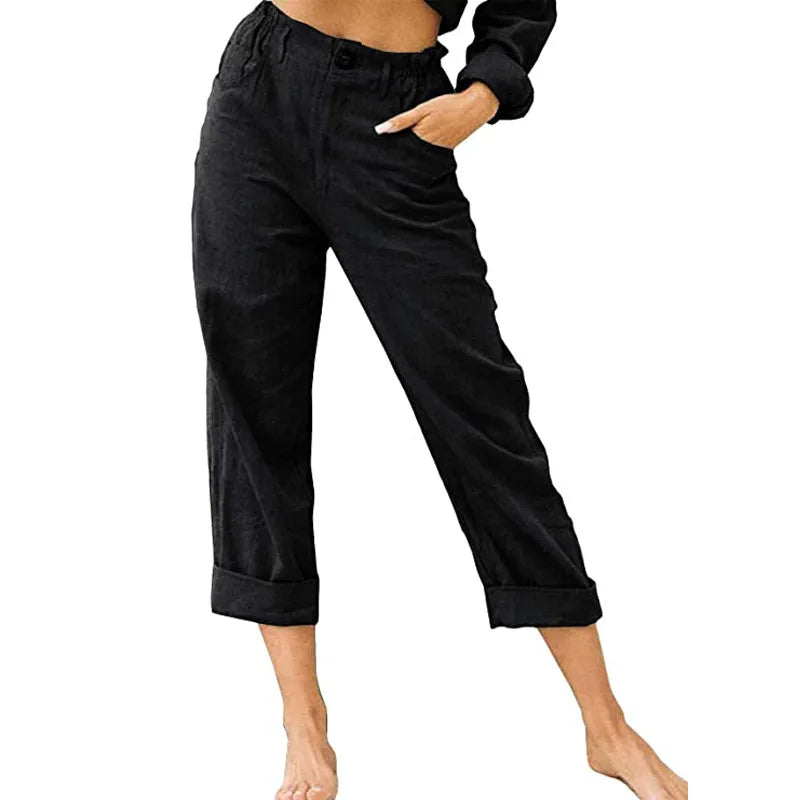 Guangdong Choice Cotton Linen Cropped Pants For Women, Casual Straight