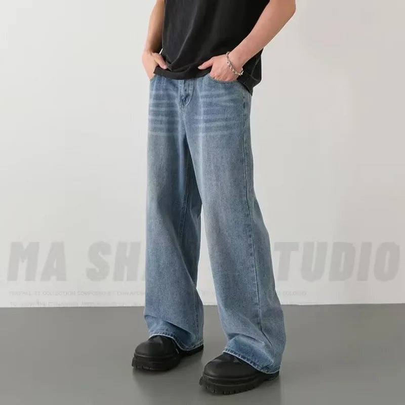 Men's Washed Denim Jeans With Loose Fit Wide Leg Trousers