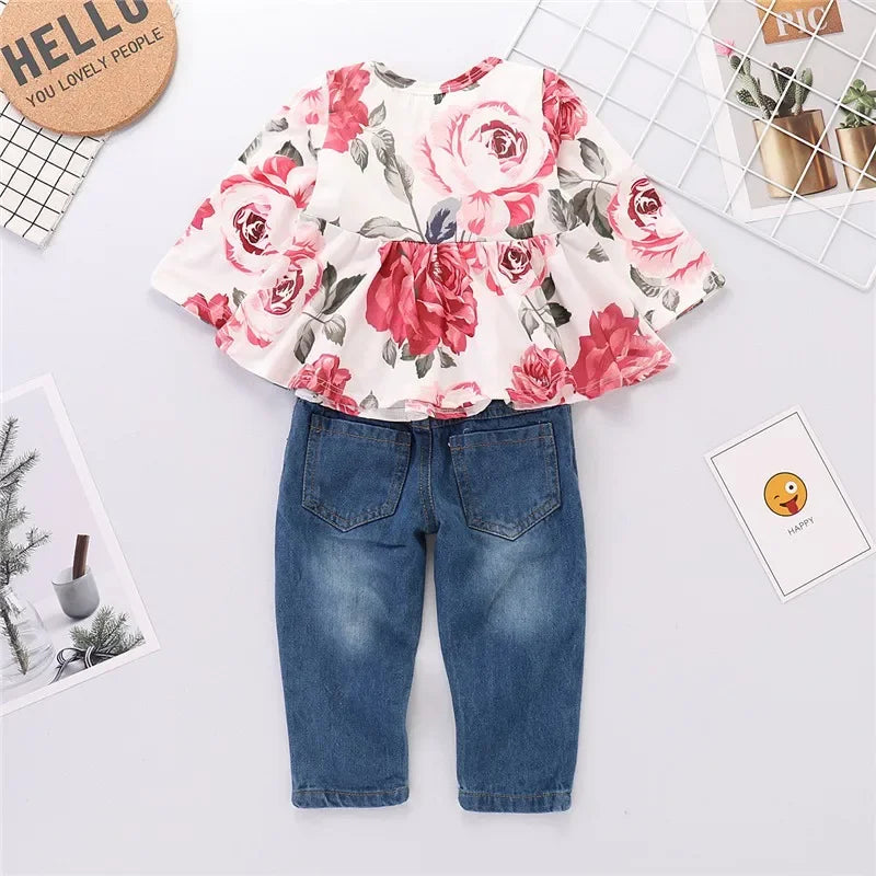 Mioglrie Floral Print Two Piece Toddler Girl Set With Denim Pants