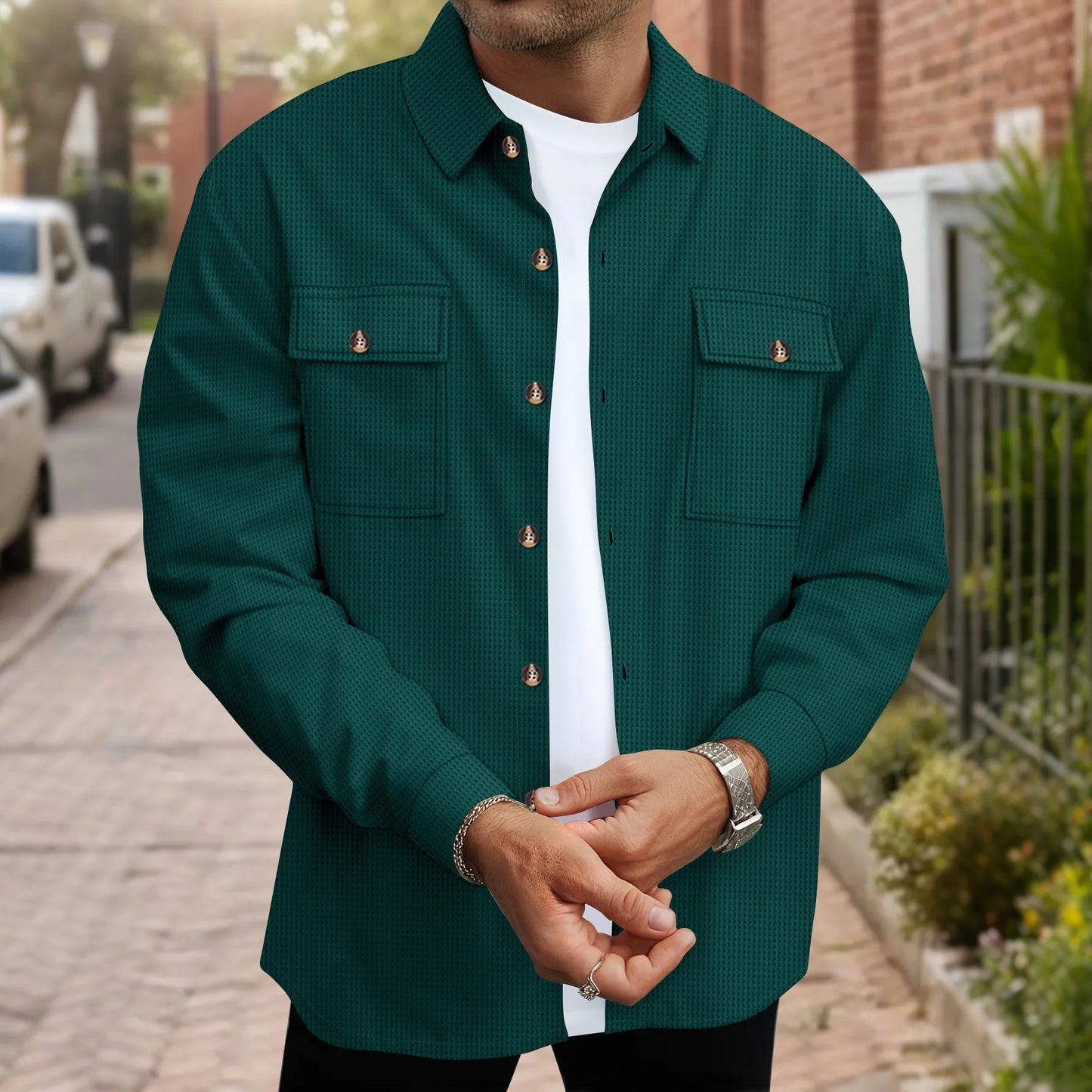 Mens Casual Waffle Texture Button Up Shirt Shacket Lapel Collar