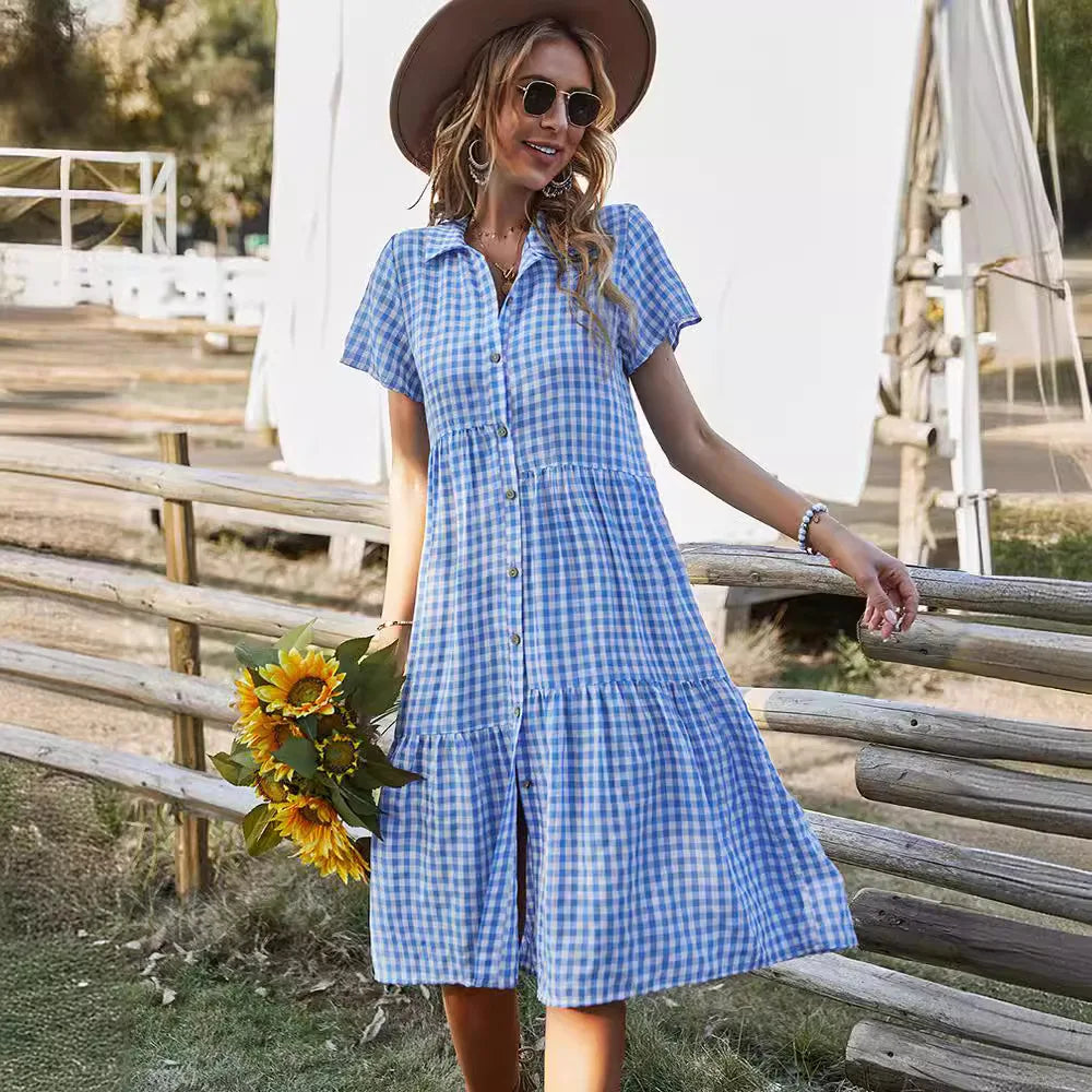 Cakulo Womens Checkered Shirtdress Short Sleeve Button Down Casual