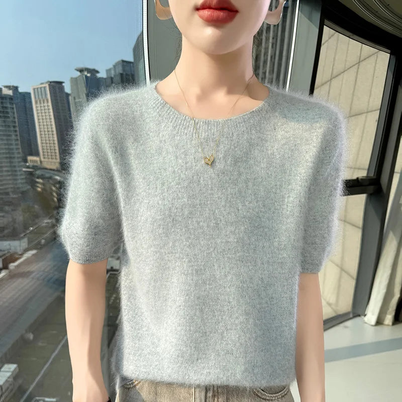 FRSEUCAG Women's Mink Cashmere Knit Sweater O-Neck Short Sleeve Pullover