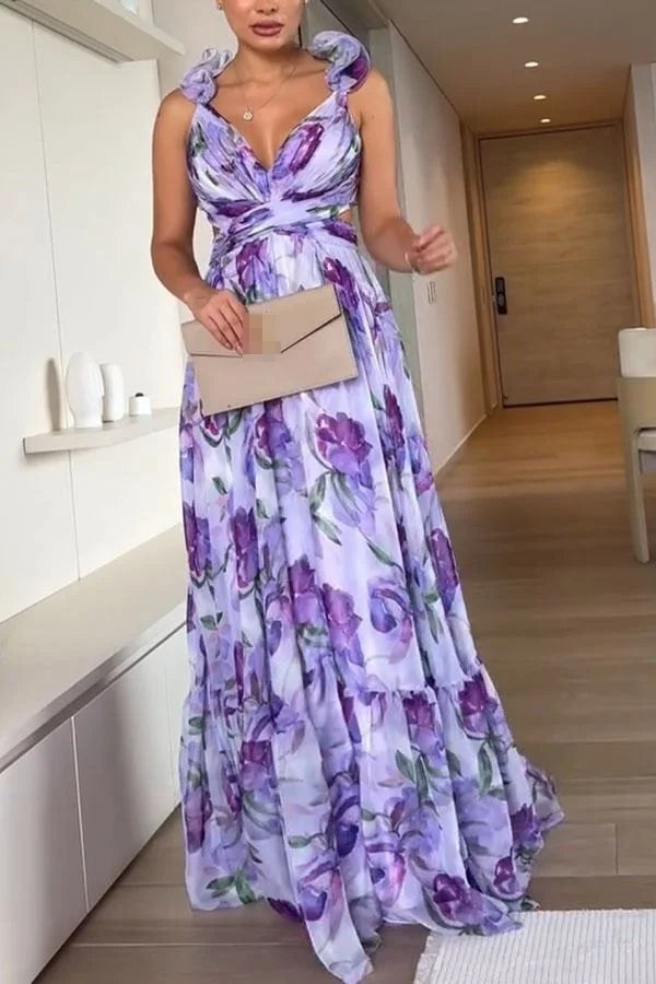 Others Floral Print V Neck Sleeveless Maxi Dress Women Summer