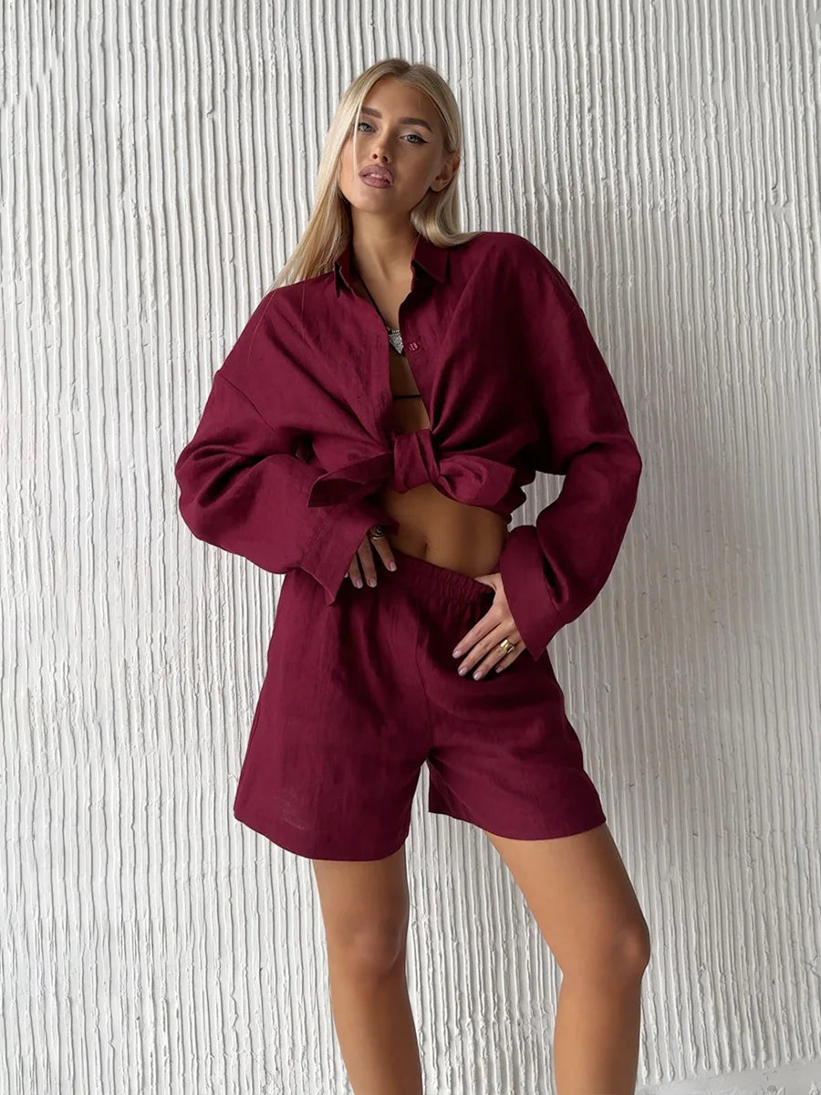 Bornladies Cotton Casual Pants Set With Lapel Long Sleeve Shirt