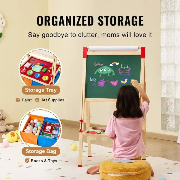 Art Easel for Kids, 3-in-1 Wooden Double-Sided Kid's Art Easel with Magnetic Whiteboard, Chalkboard, Paper Roll, Adjustable