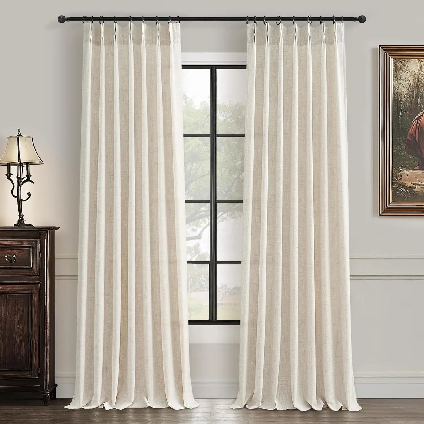 Pinch Pleated Linen Curtains Light Filtering Boho Drape Living Room