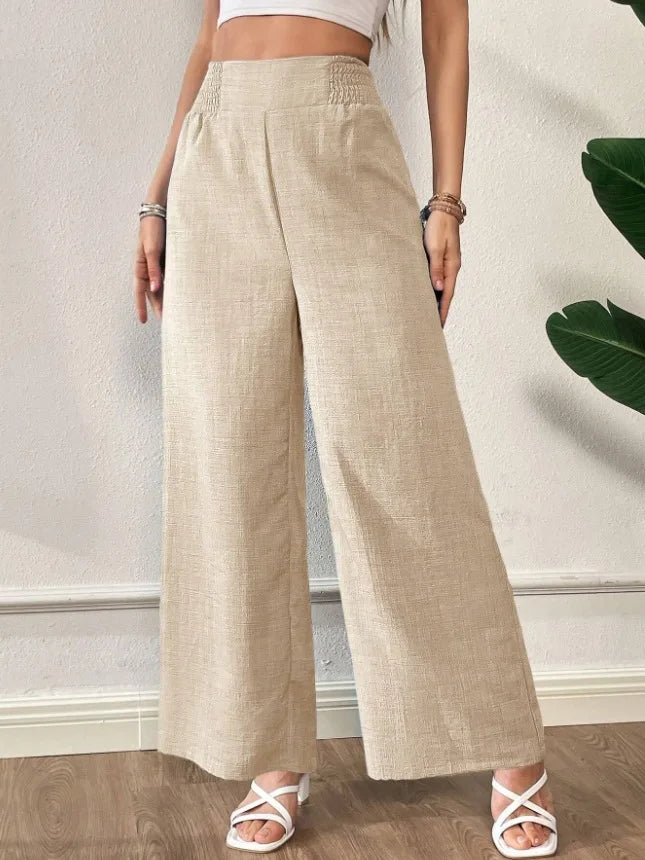Womens Linen Blend High Waist Wide Leg Pants Smocked Waist