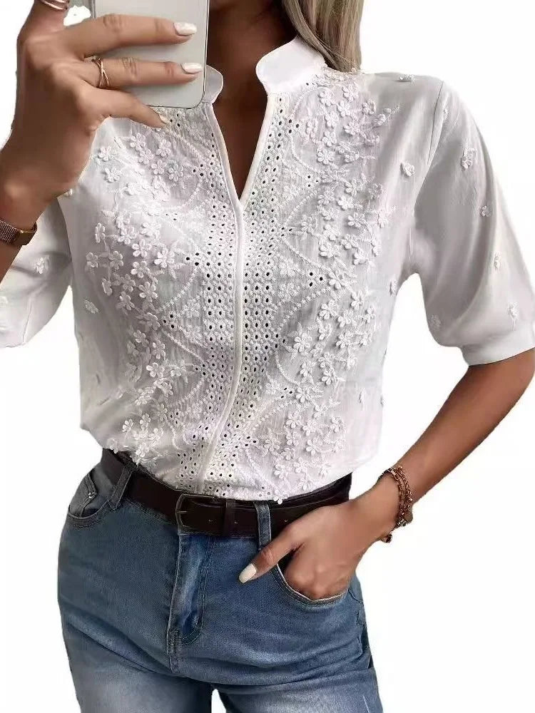 Others Embroidered Hollow Out Stand Collar Short Sleeve Shirt