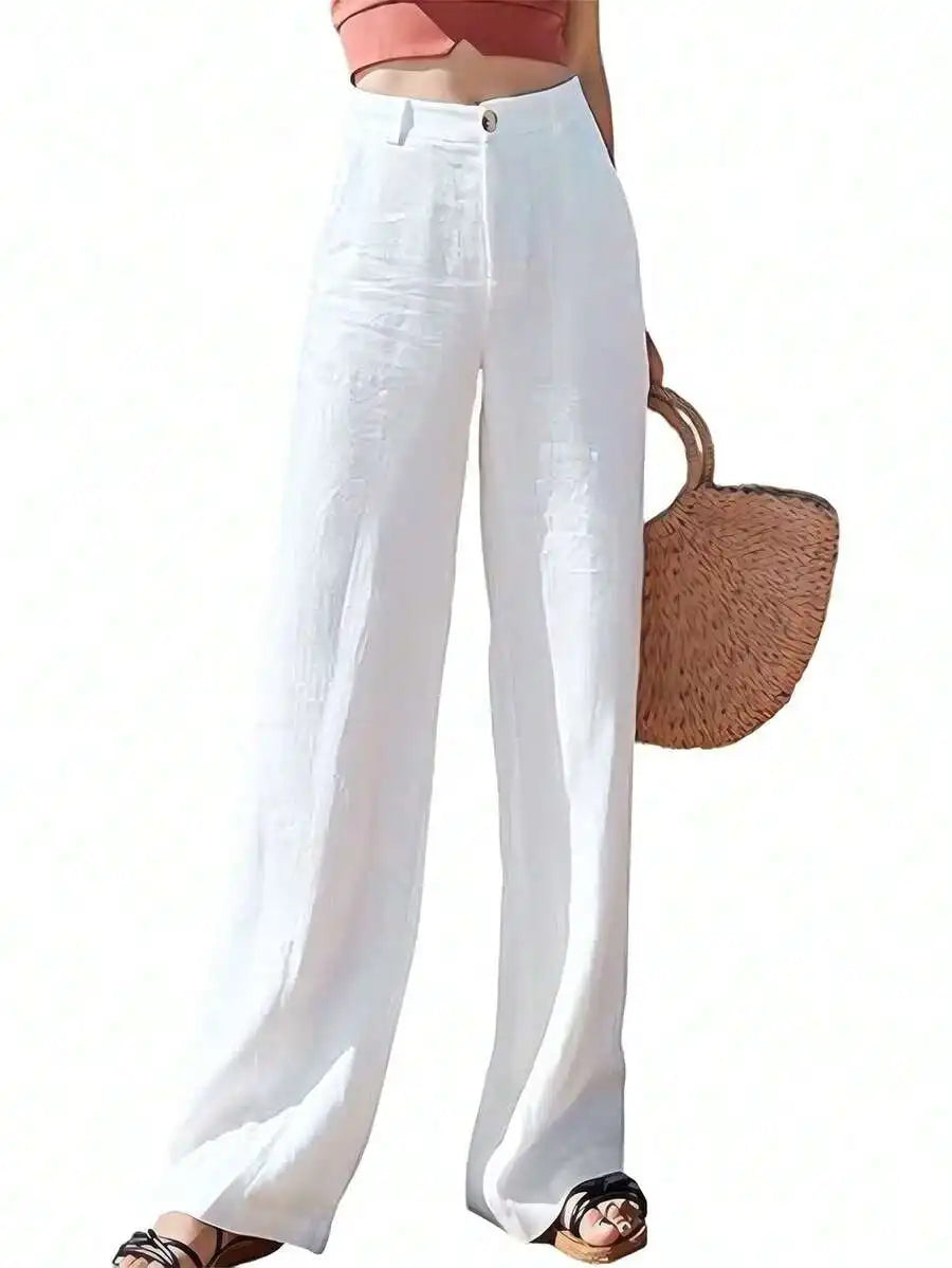 Womens Cotton Linen Wide Leg Trousers High Waist Button Up