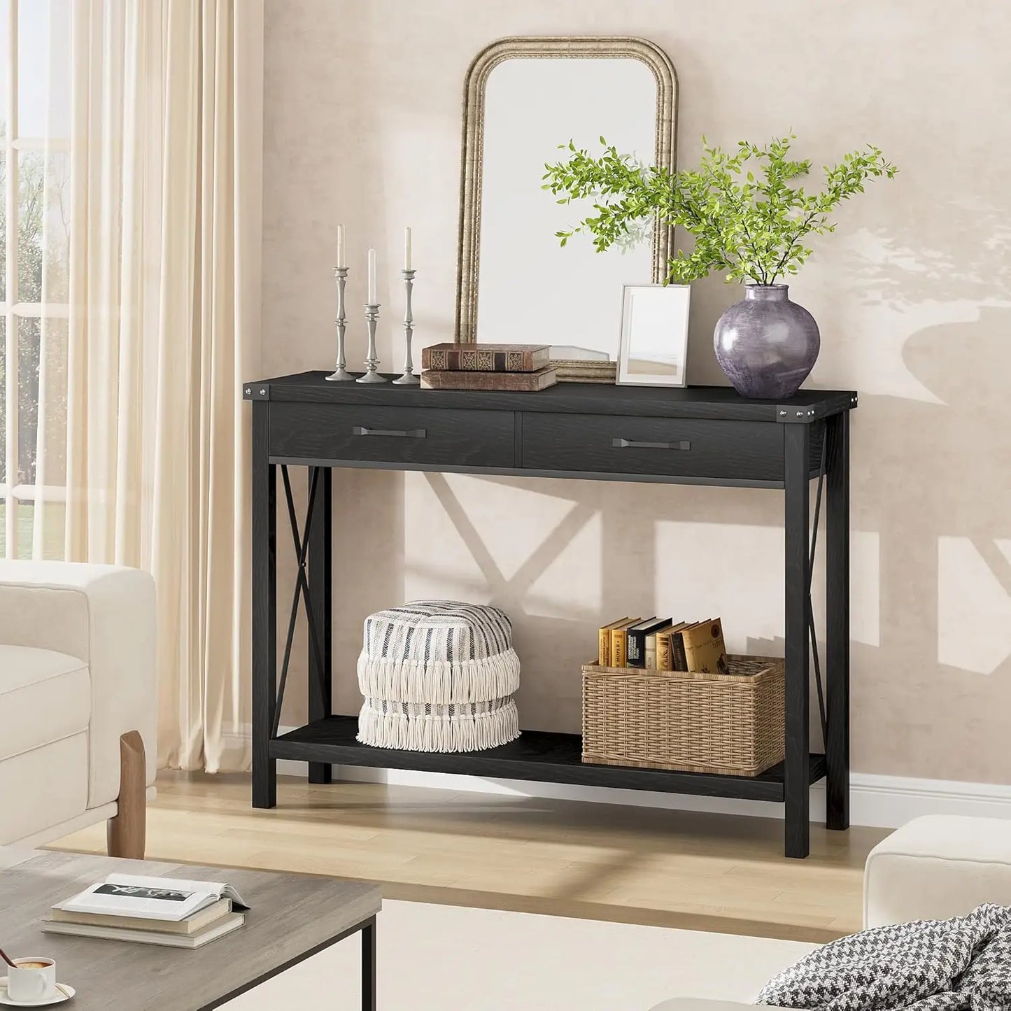 Black Console Table with 2 Drawers & Storage Shelf for Entryway Hallway Living Room 43x12x30in, Customized