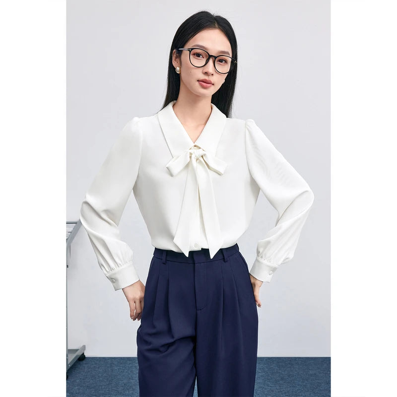 Sentubila Womens Detachable Ribbon Turn Down Collar Long Sleeve Shirt
