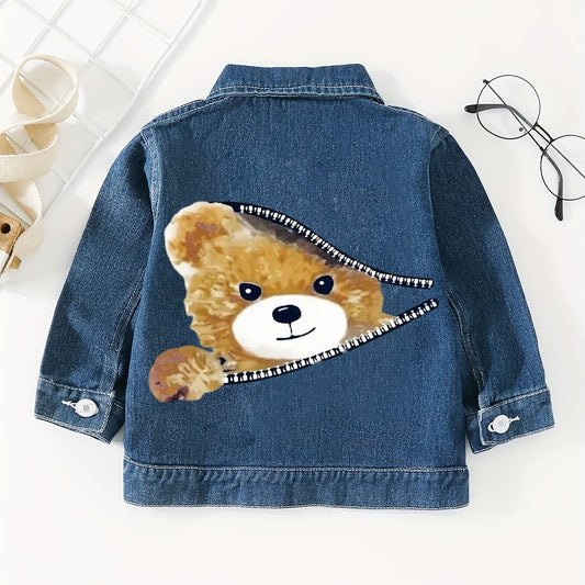 Girls Teddy Bear Face Print Denim Jacket With Snap Closure