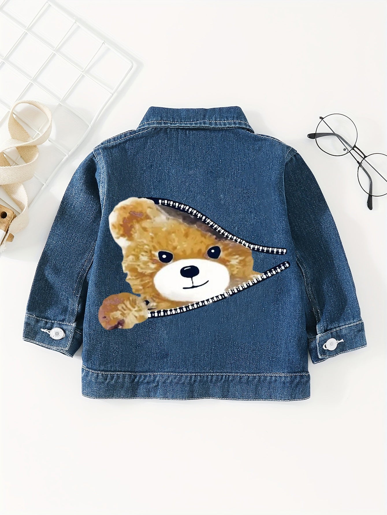 Girls Teddy Bear Face Print Denim Jacket With Snap Closure