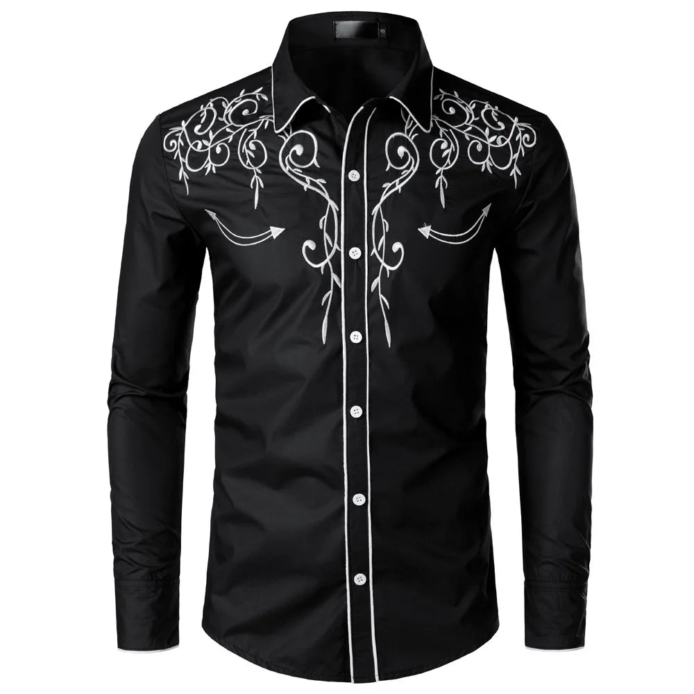 Men's Western Style Embroidered Long Sleeve Shirt For Casual Wear