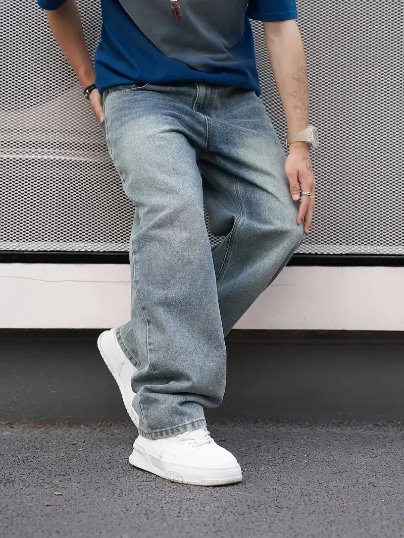 Men Casual Straight Jeans Loose Fit With Oblique Pocket
