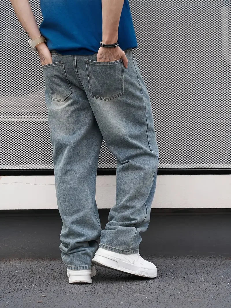Men Casual Straight Jeans Loose Fit With Oblique Pocket