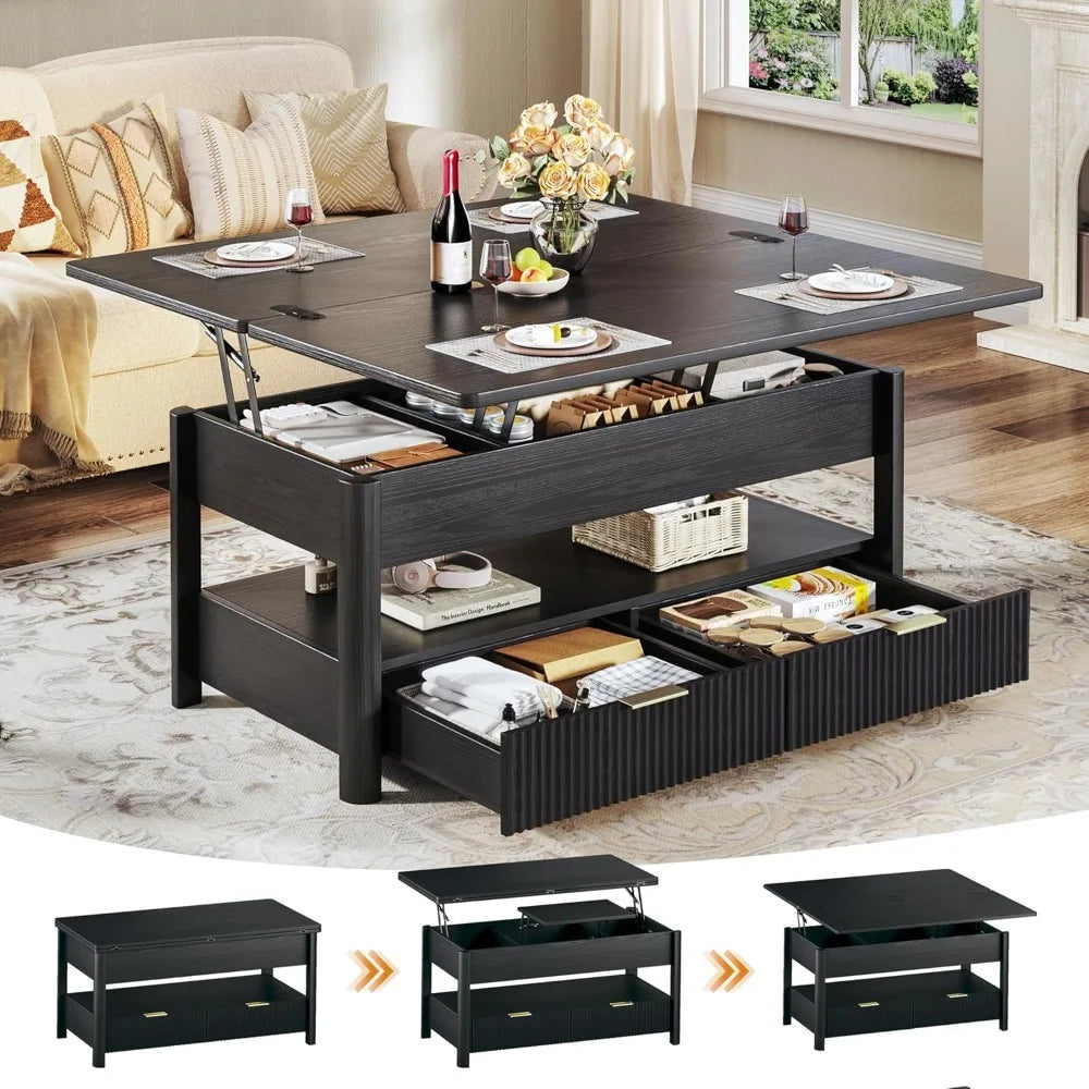 Lift Top Coffee Table With Storage Shelf And Two Drawers