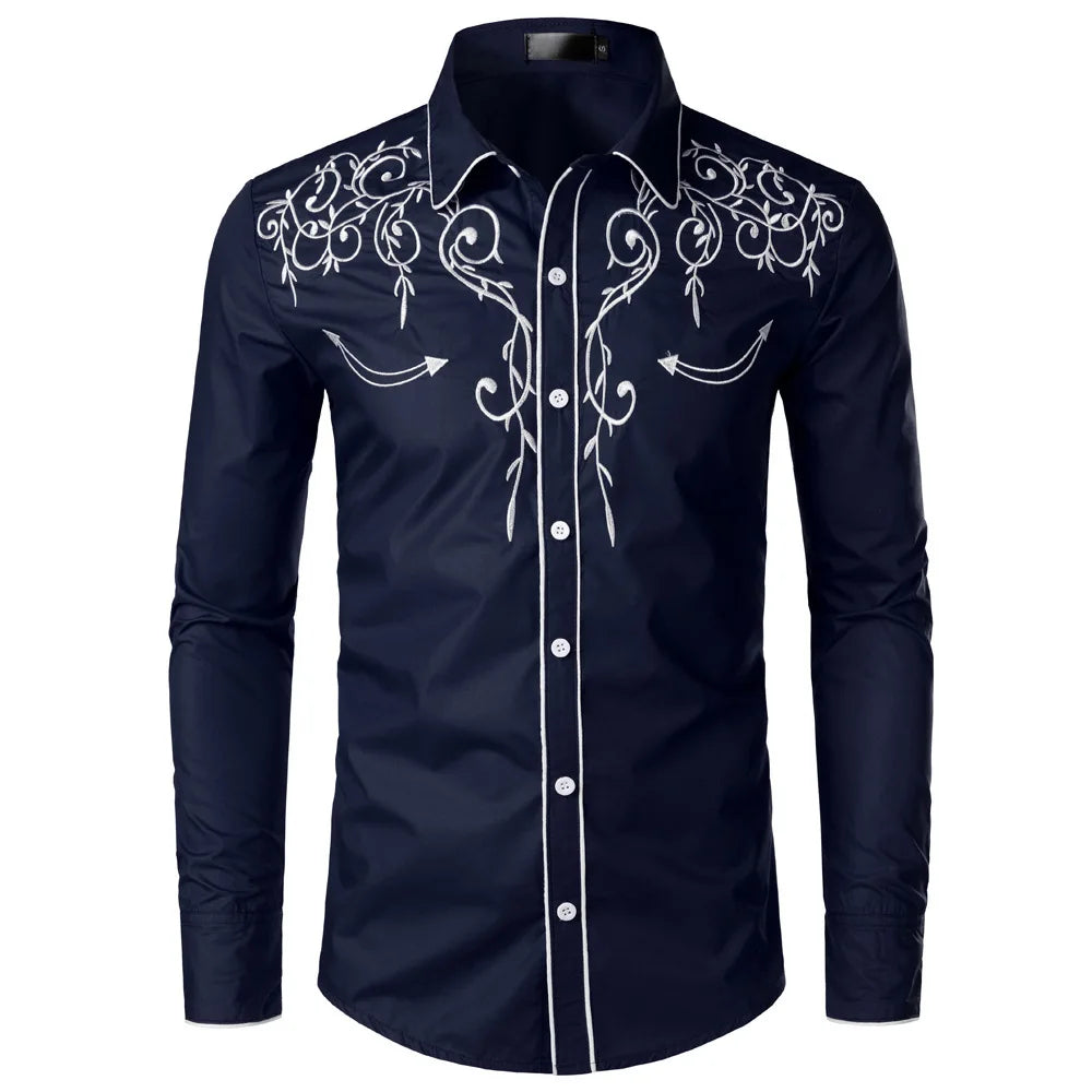 Men's Western Style Embroidered Long Sleeve Shirt For Casual Wear