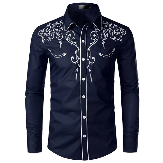 Men's Western Style Embroidered Long Sleeve Shirt For Casual Wear