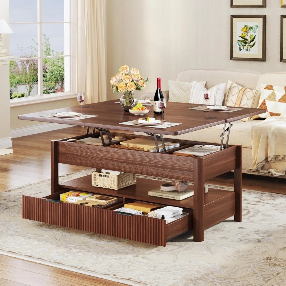 Lift Top Coffee Table With Storage Shelf And Two Drawers