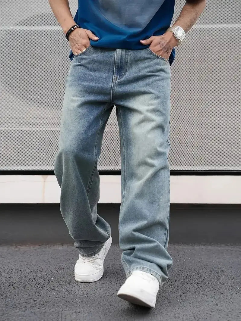 Men Casual Straight Jeans Loose Fit With Oblique Pocket