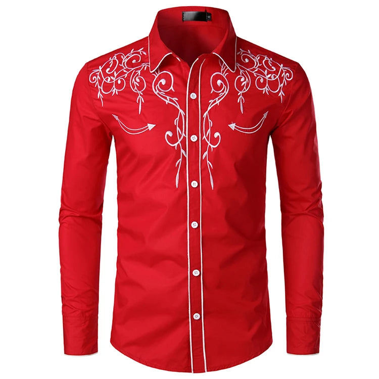 Men's Western Style Embroidered Long Sleeve Shirt For Casual Wear