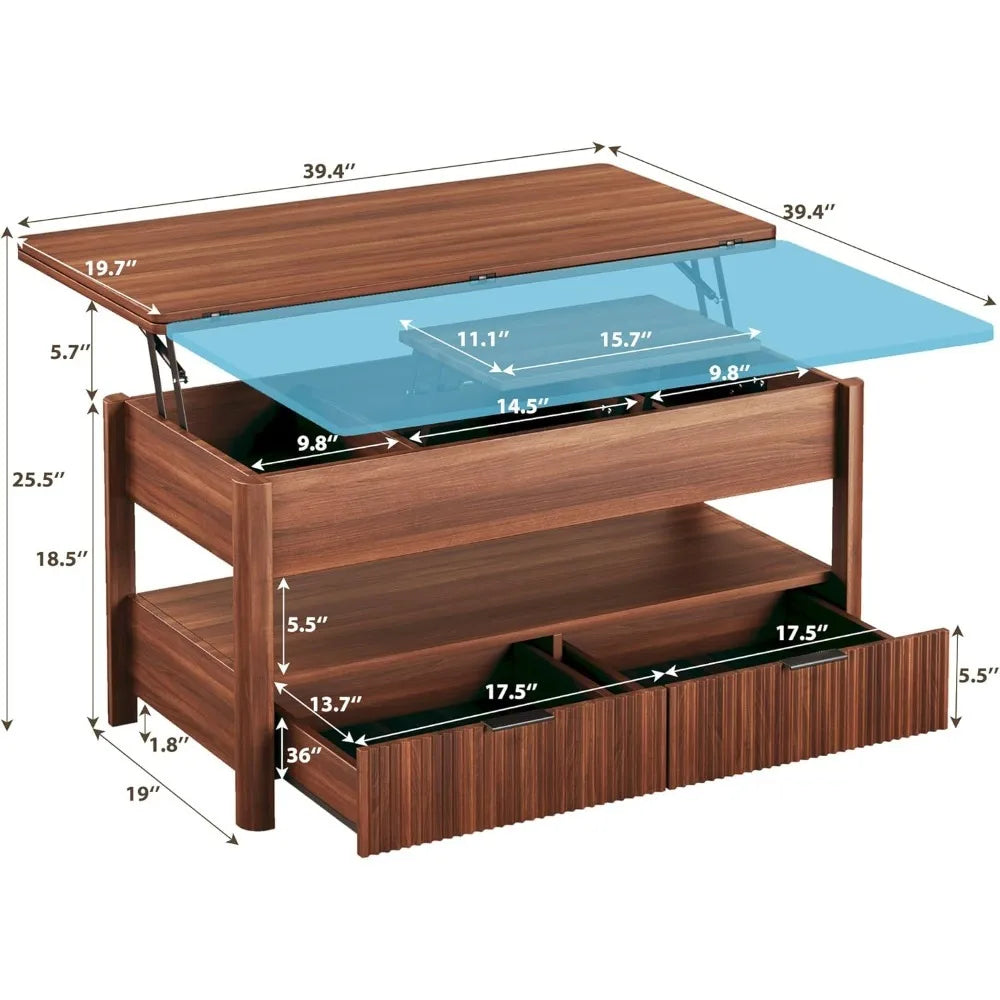 Lift Top Coffee Table With Storage Shelf And Two Drawers