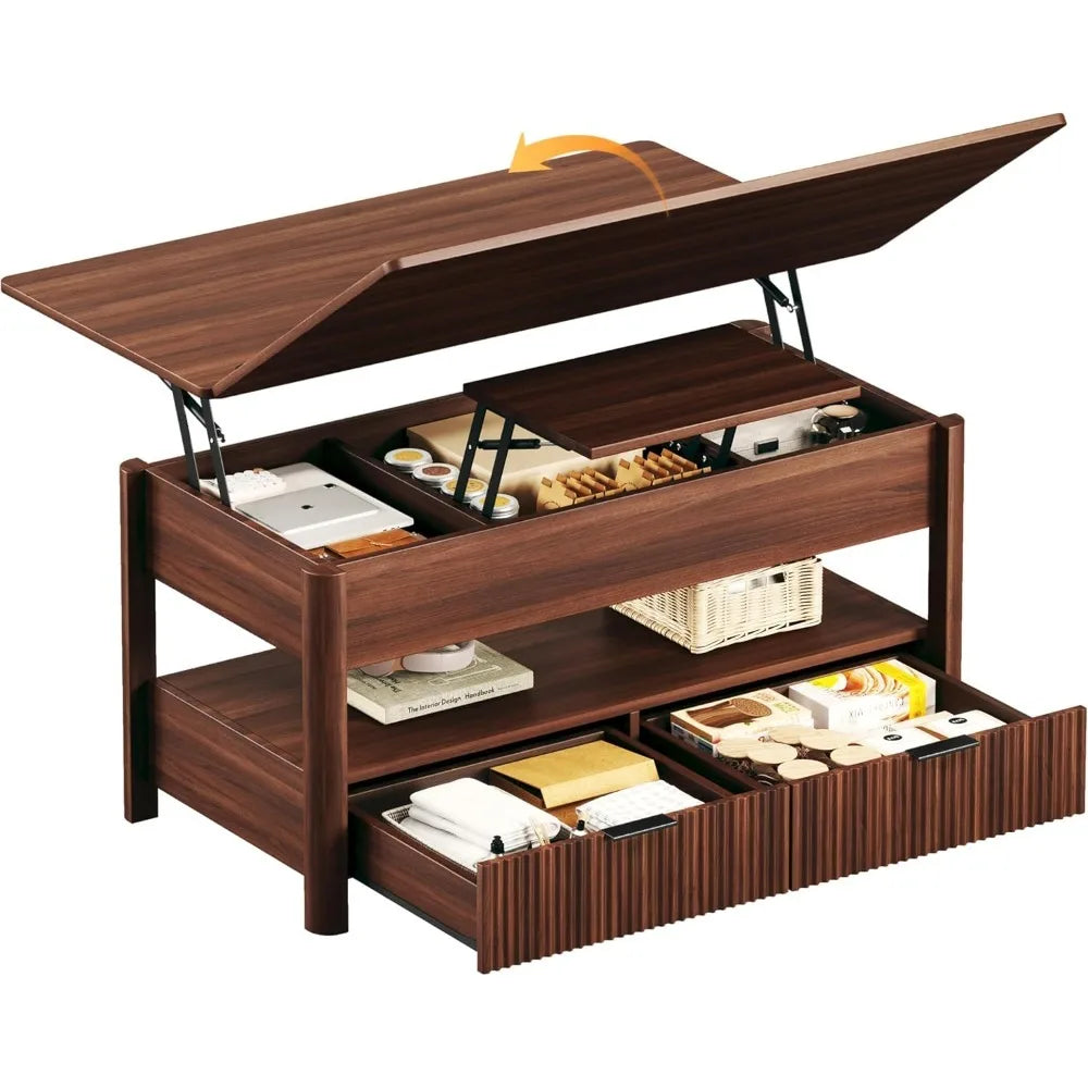 Lift Top Coffee Table With Storage Shelf And Two Drawers