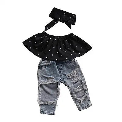 Lioraitiin Toddler Girl Outfit Set With Denim Pants Blouse