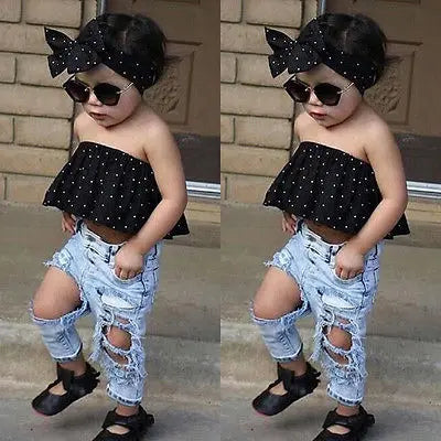 Lioraitiin Toddler Girl Outfit Set With Denim Pants Blouse