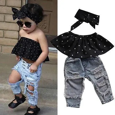 Lioraitiin Toddler Girl Outfit Set With Denim Pants Blouse