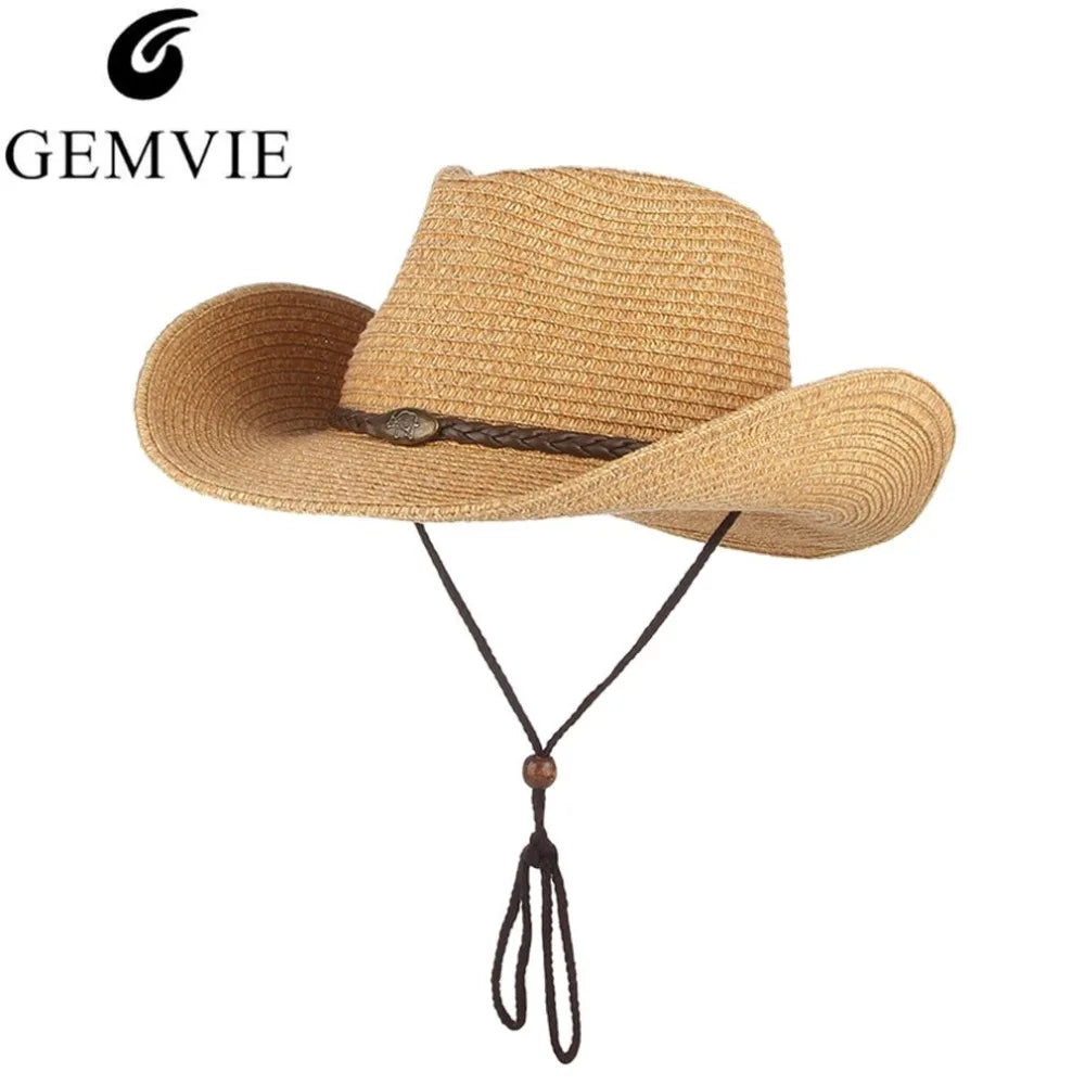 Gemvie Western Cowboy Sun Hat Unisex Wide Brim Straw Cap