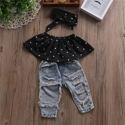 Lioraitiin Toddler Girl Outfit Set With Denim Pants Blouse