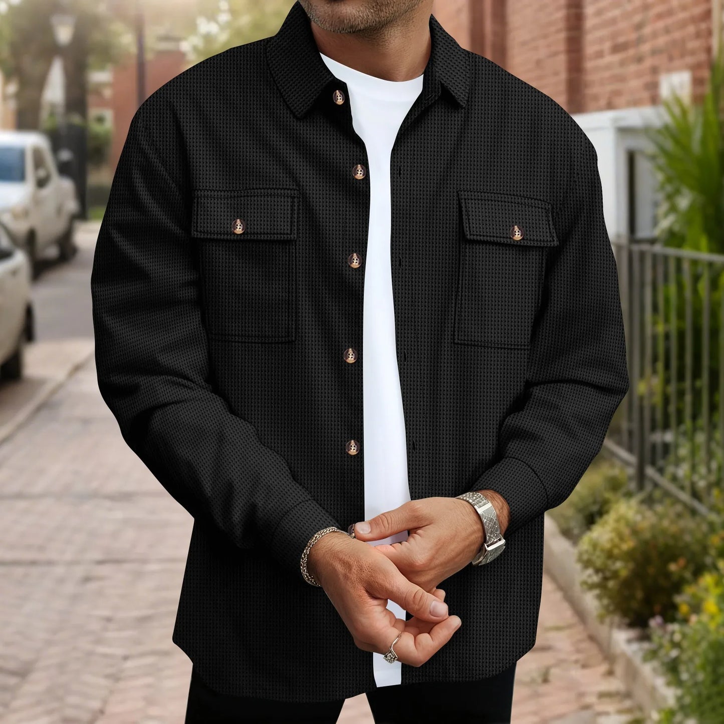 Mens Casual Waffle Texture Button Up Shirt Shacket Lapel Collar