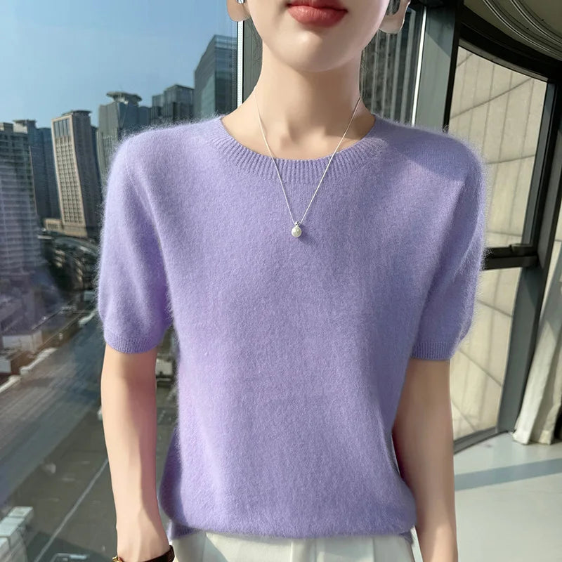 FRSEUCAG Women's Mink Cashmere Knit Sweater O-Neck Short Sleeve Pullover