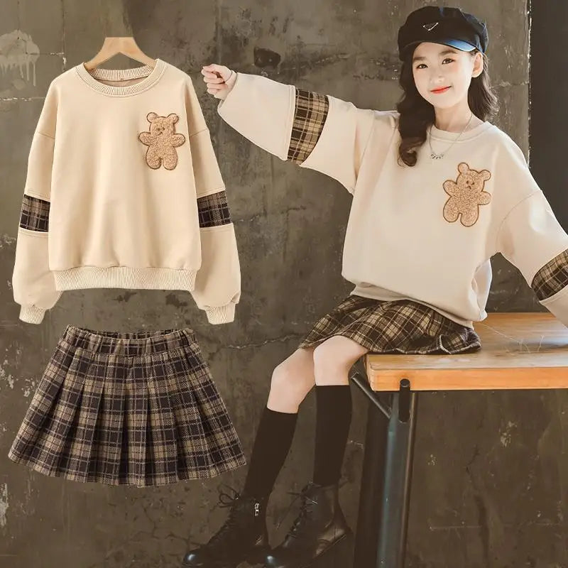 Girls Hooded Bear Sweatshirt And Plaid Pleated Skirt Set