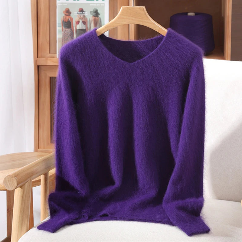 Mink Cashmere Women's V-Neck Knit Pullover Sweater