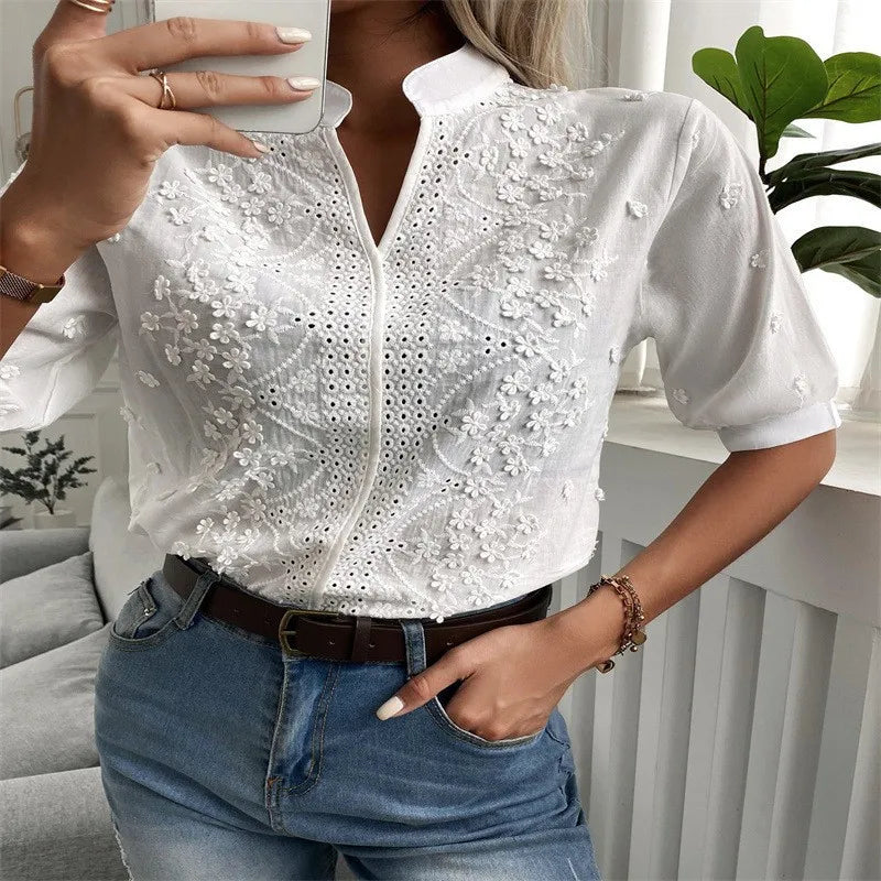 Elegant Short Sleeve Chiffon Blouse With Crochet Embroidery