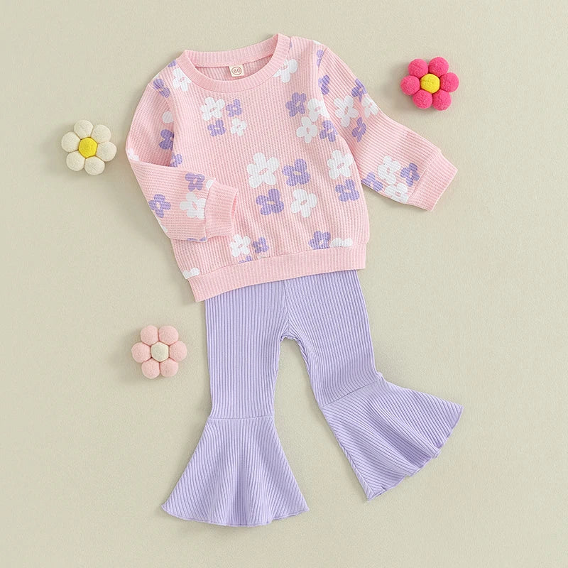 Lioraitiin Floral Print Baby Girl Set Long Sleeve Top Pants